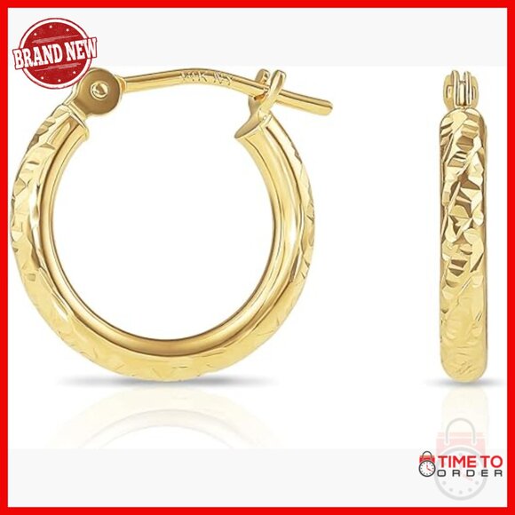14k Yellow Gold Diamond-Cut Hoop Earrings 14mm Round Click-Top Closure